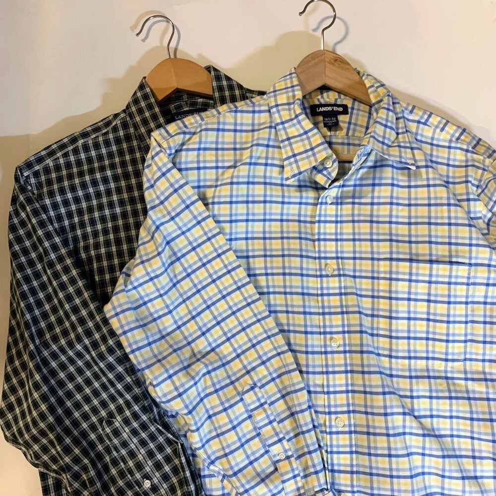 Land's End Men's Supima No Iron Oxford (Lot of 2) Button Up Plaid Shirts SZ 16.5